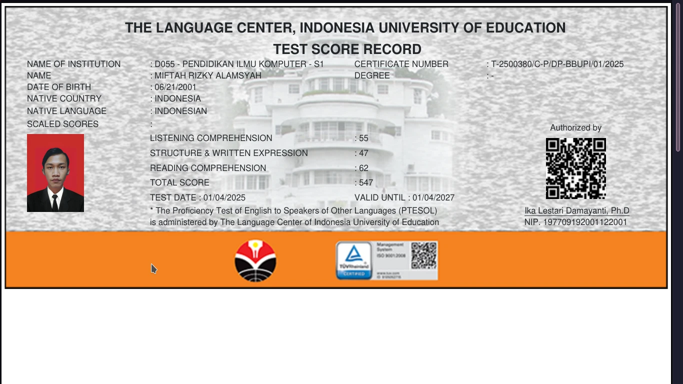 The Proficiency Test of English to Speakers of Other Language (PTESOL) – The Language Center of Indonesia University of Education
